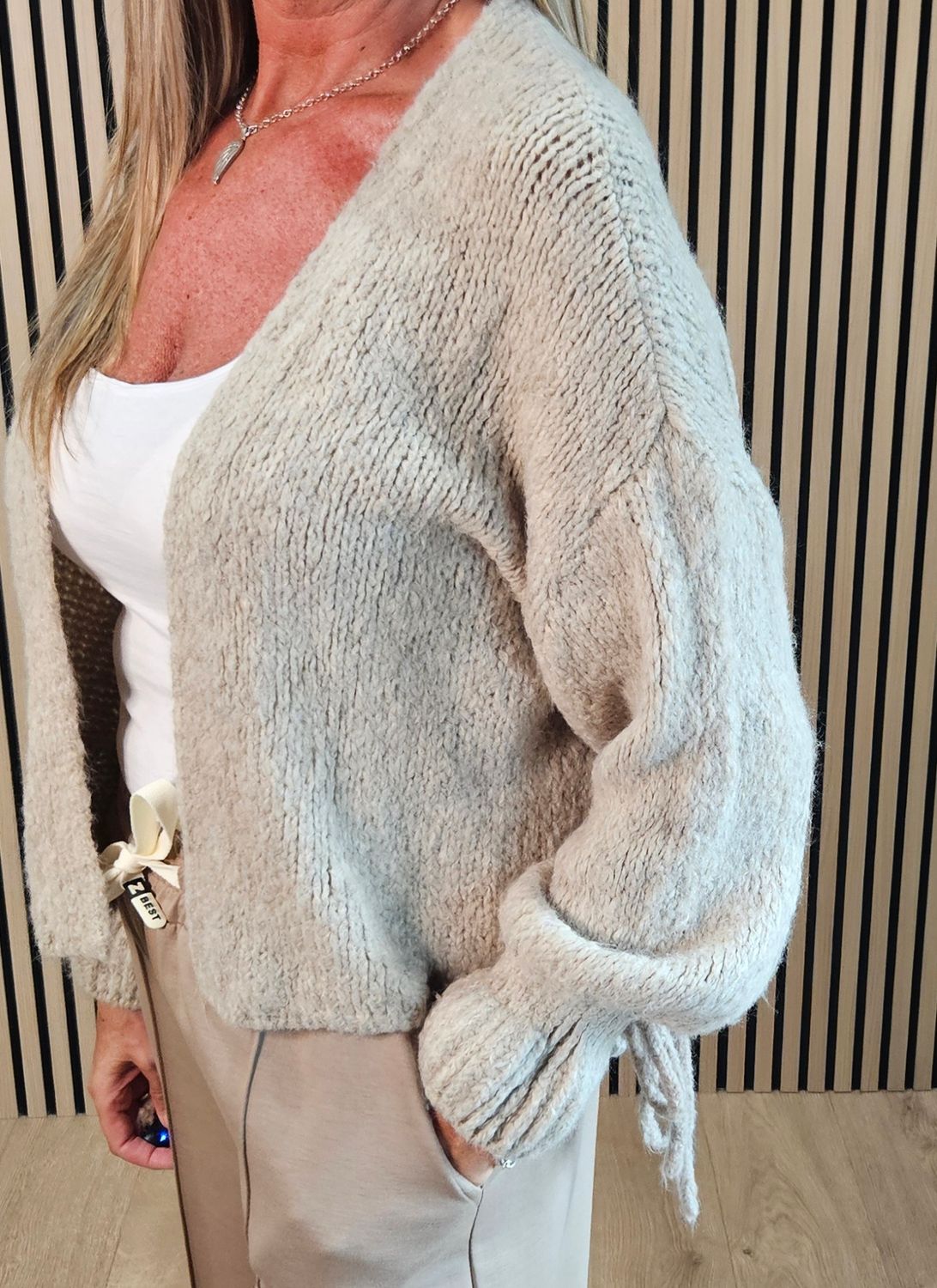 Tie-Cuff Open-Front Cardigan