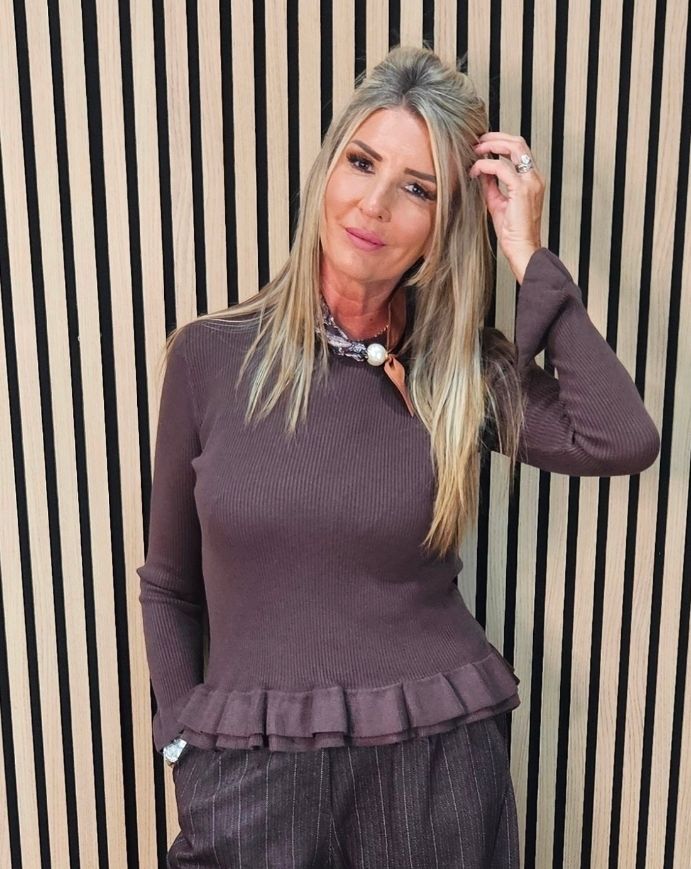 Frill Detail Jumper with Removable Silk Neckerchief –  Chocolate