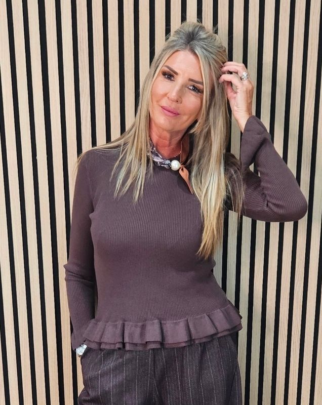 Frill Detail Jumper with Removable Silk Neckerchief –  Chocolate