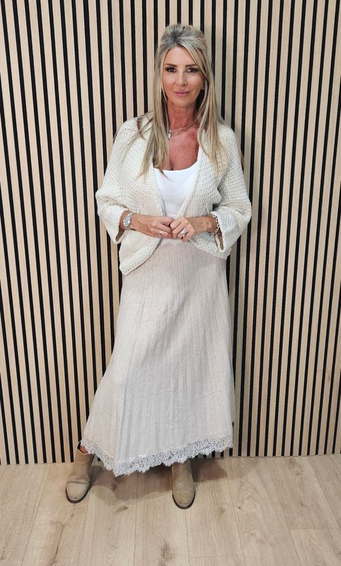Lace-Trim Ribbed Knit Maxi Skirt - Oatmeal