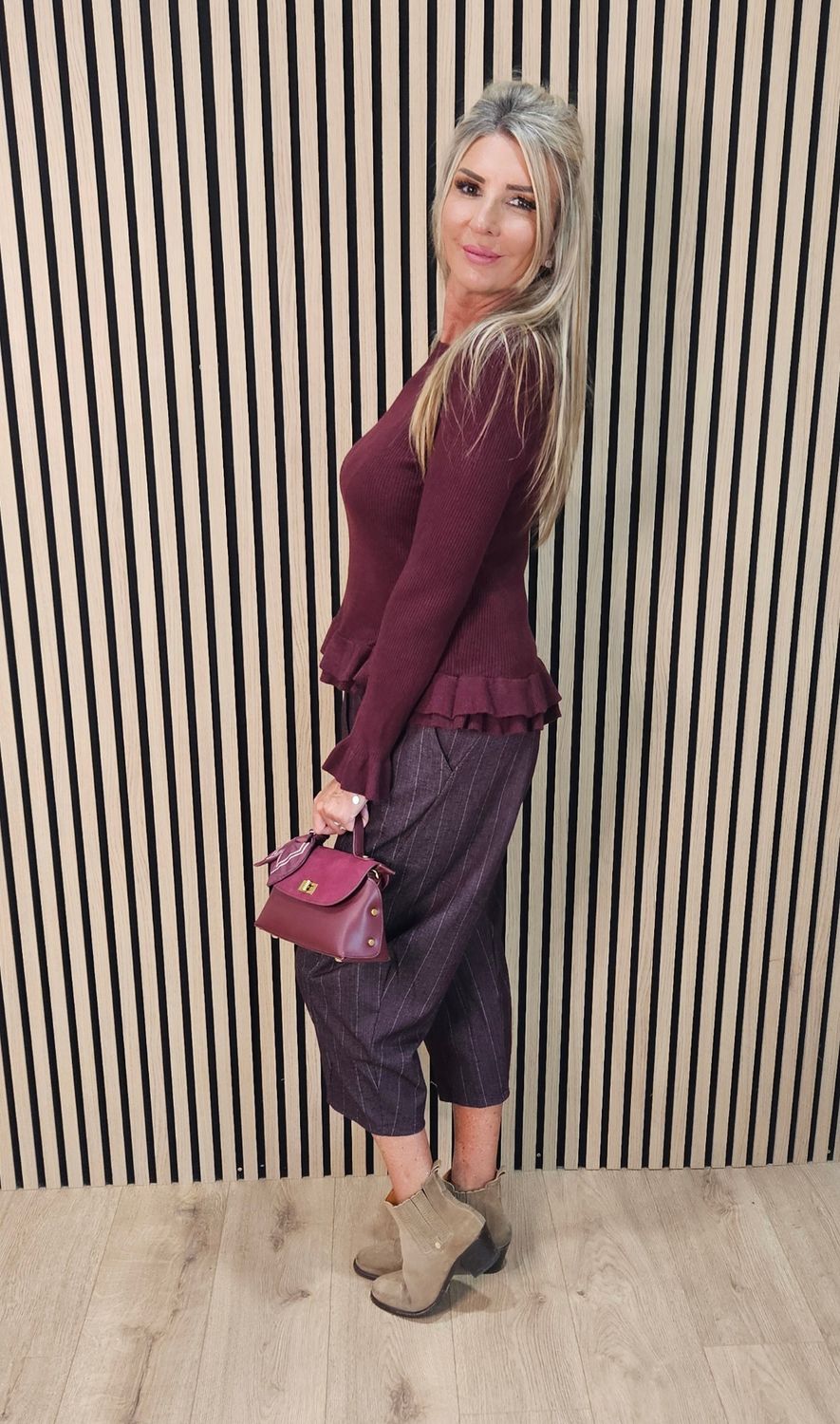 Herringbone Cropped Trousers - Oxblood 