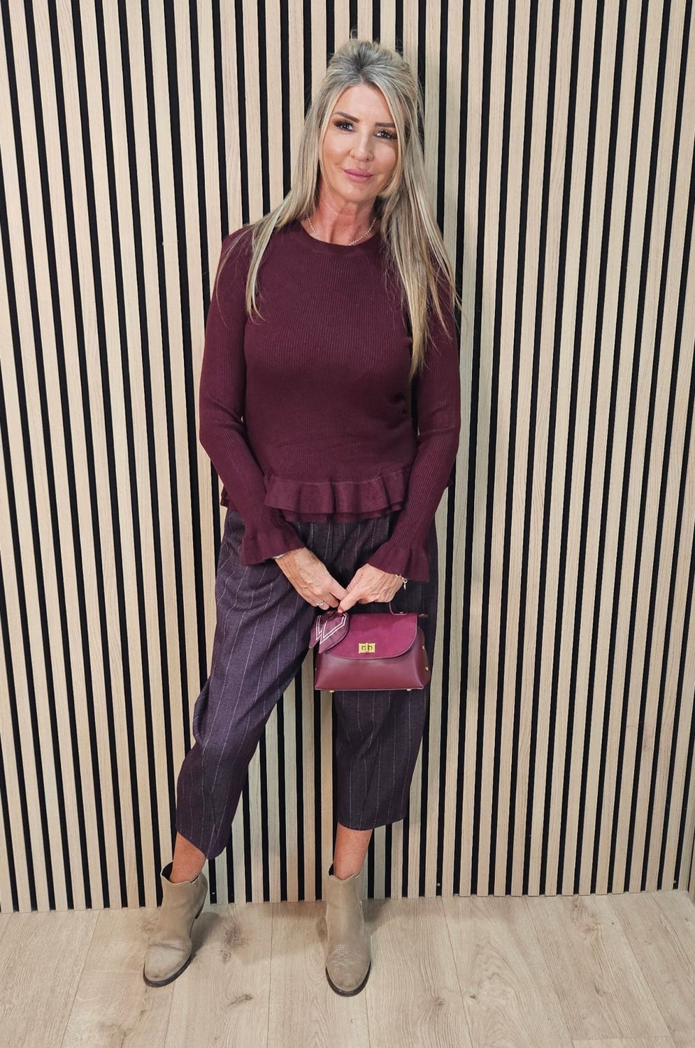 Herringbone Cropped Trousers - Oxblood 
