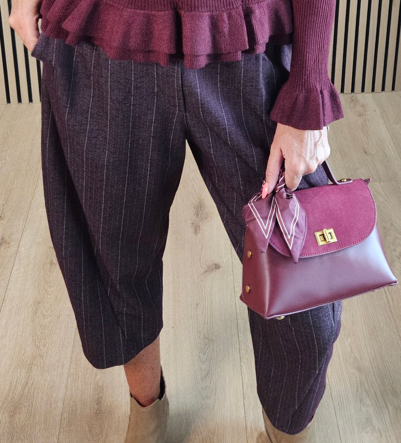 Herringbone Cropped Trousers - Oxblood 