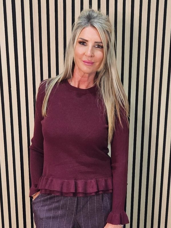 Frill Detail Jumper with Removable Silk Neckerchief - Oxblood