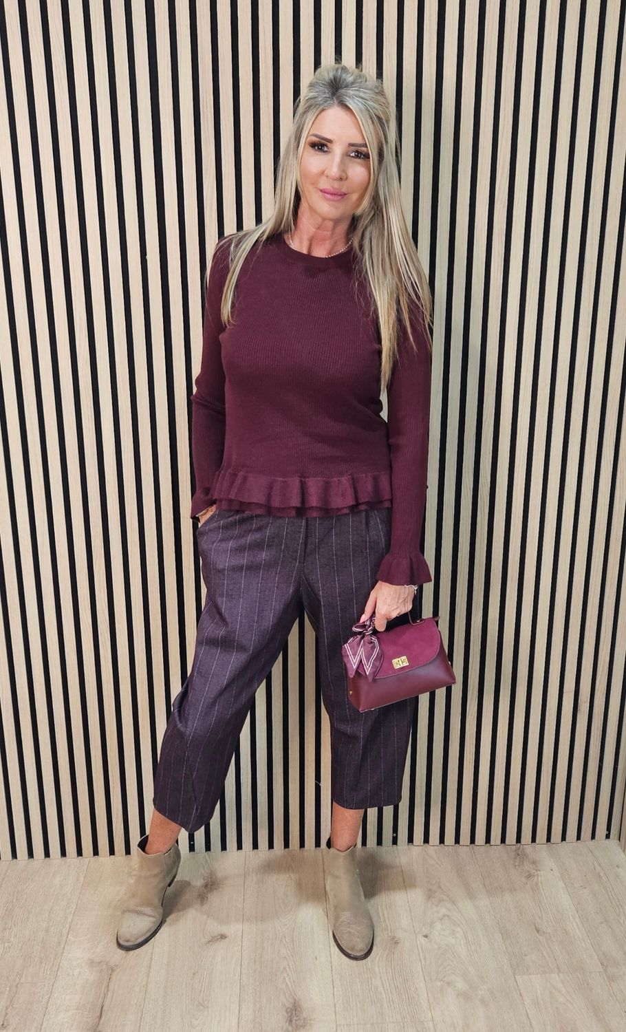 Frill Detail Jumper with Removable Silk Neckerchief - Oxblood