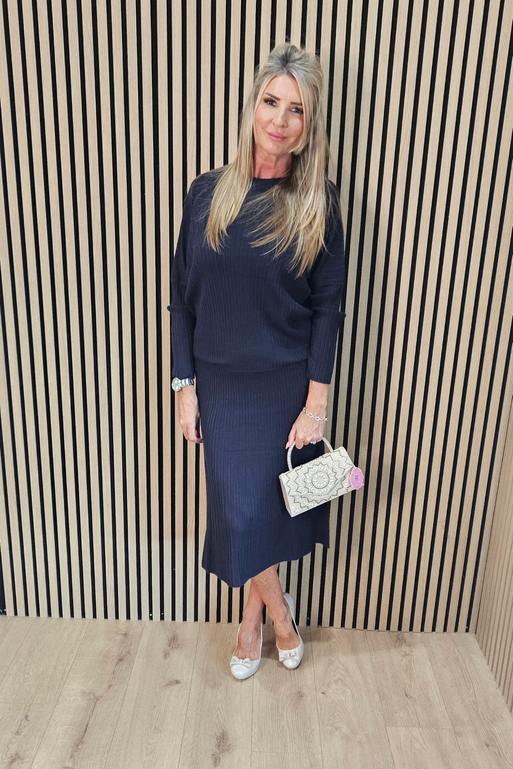 Two-Piece Ribbed Knit Jumper and Skirt Set – Navy