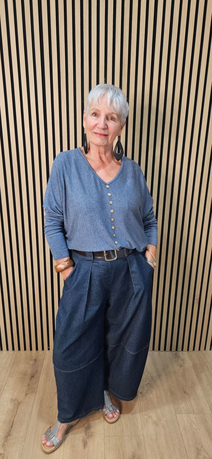 Button-Detail Batwing Jumper - Denim Blue