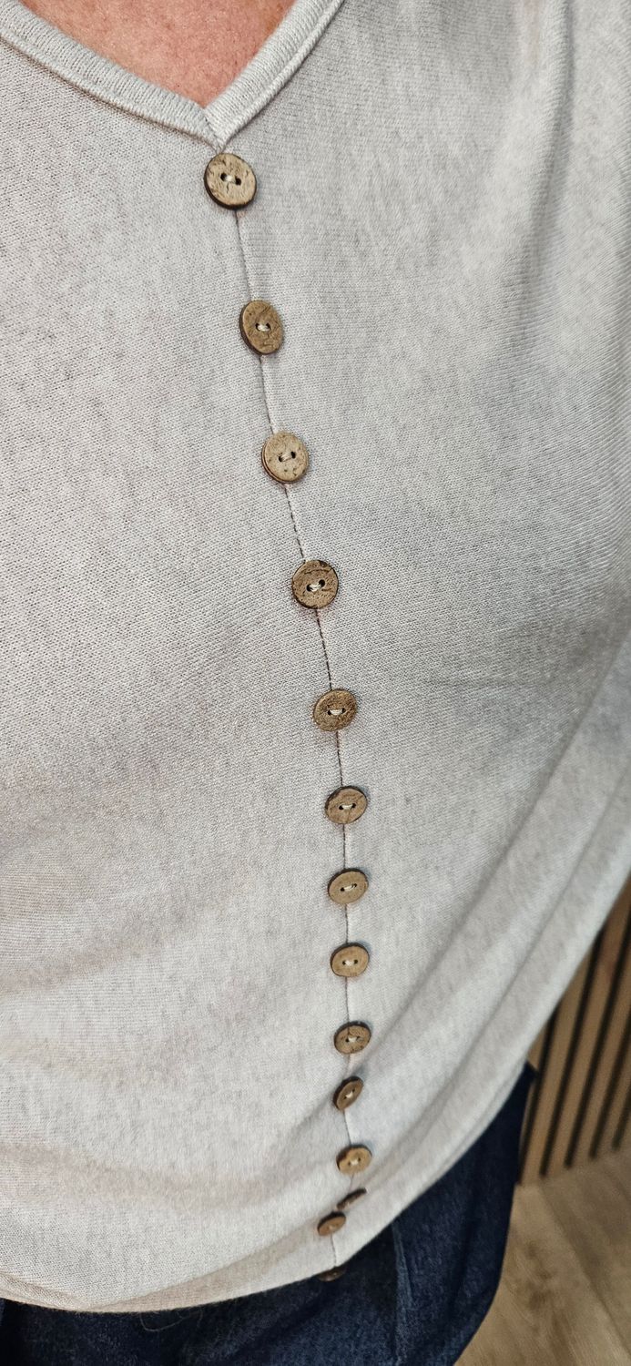 Button-Detail Batwing Jumper -Stone