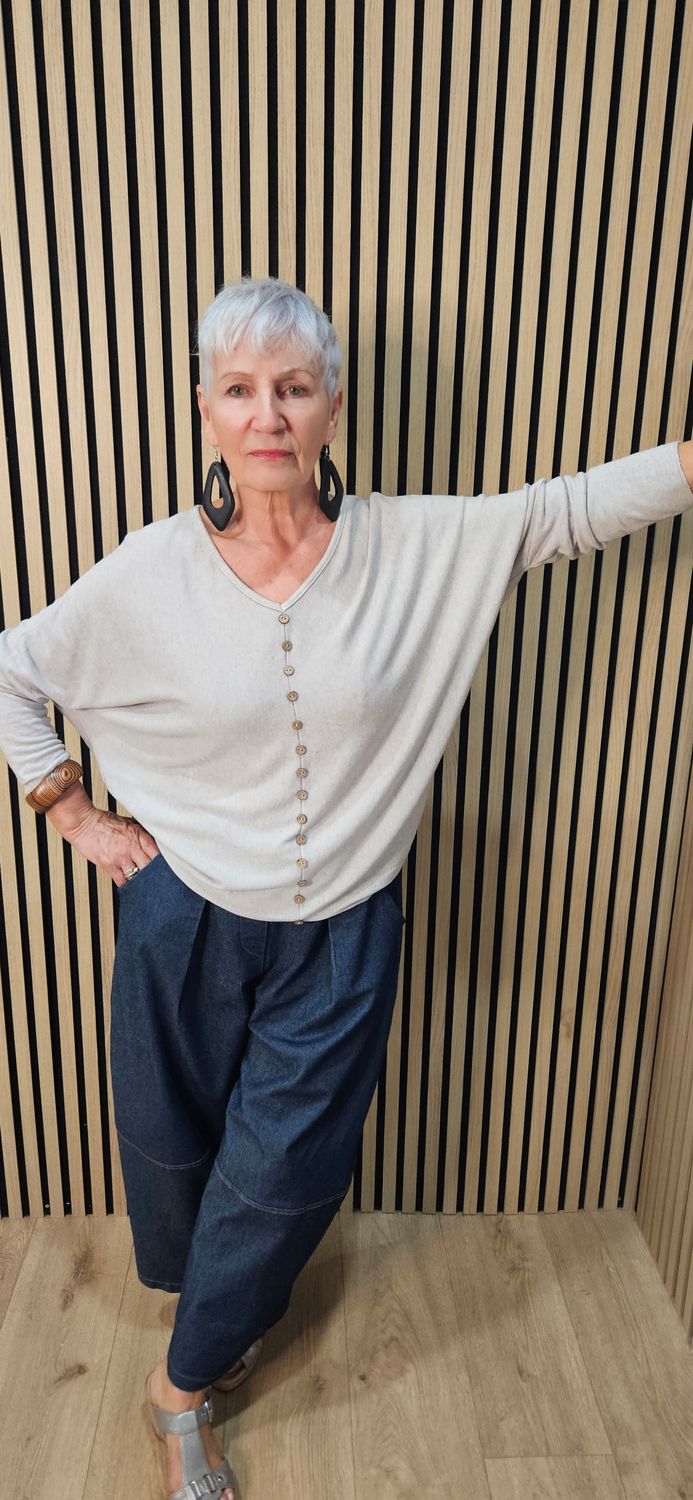 Button-Detail Batwing Jumper -Stone