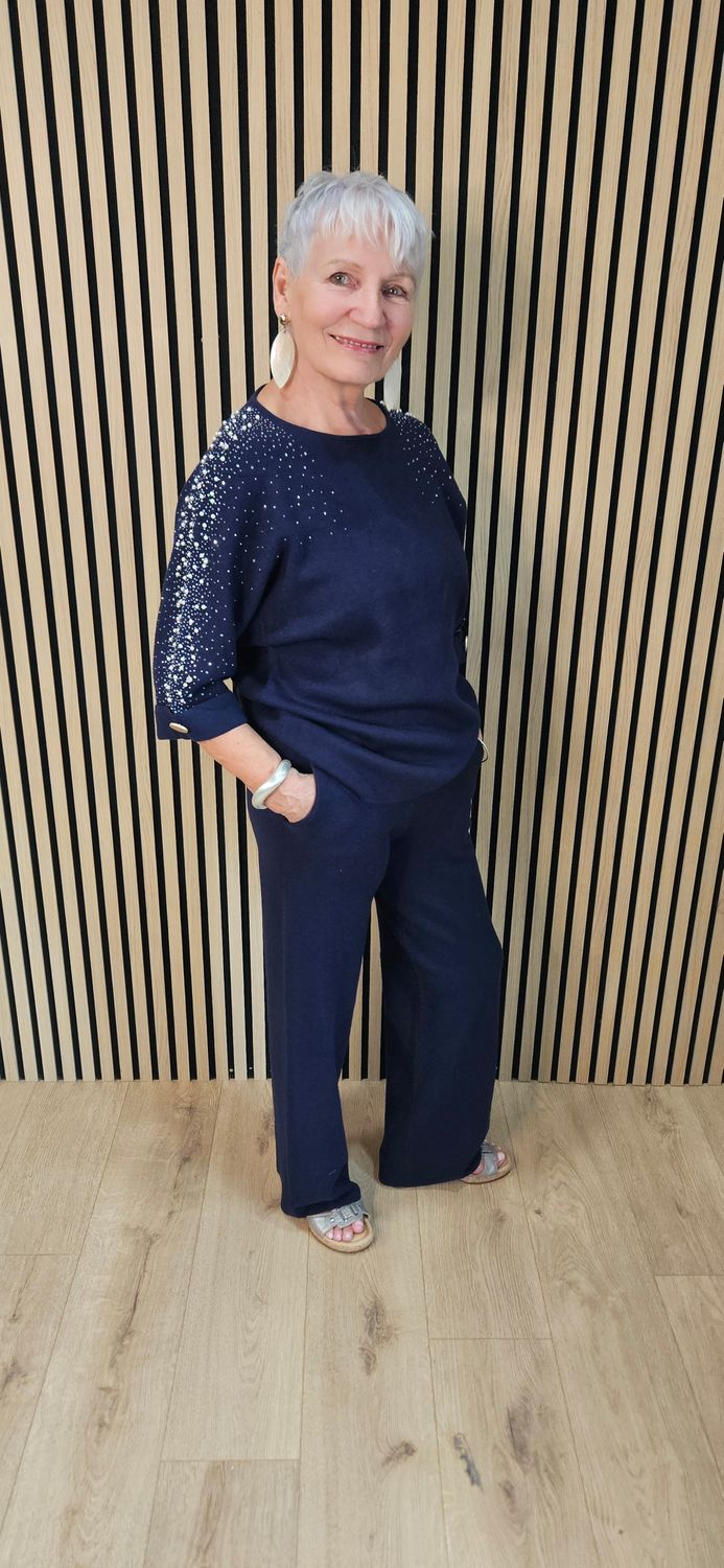 Embellished Knitted Two-Piece Trouser Set - Navy