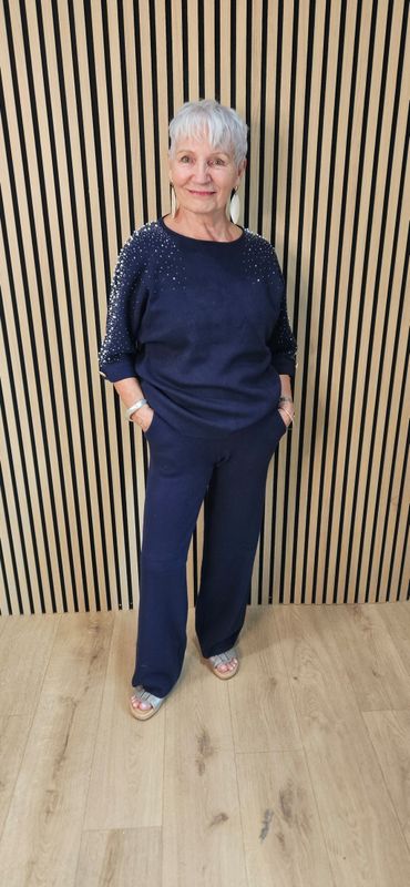 Embellished Knitted Two-Piece Trouser Set - Navy