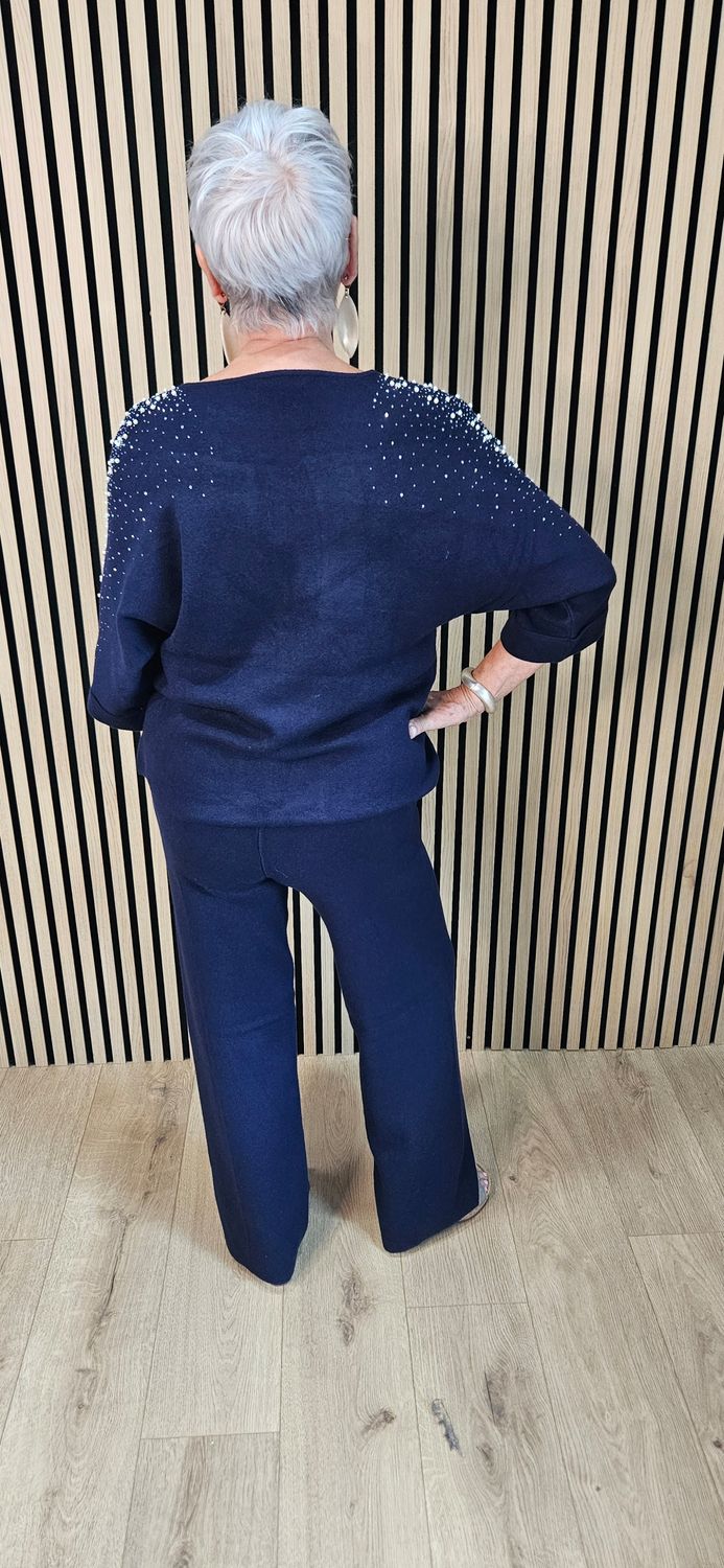 Embellished Knitted Two-Piece Trouser Set - Navy