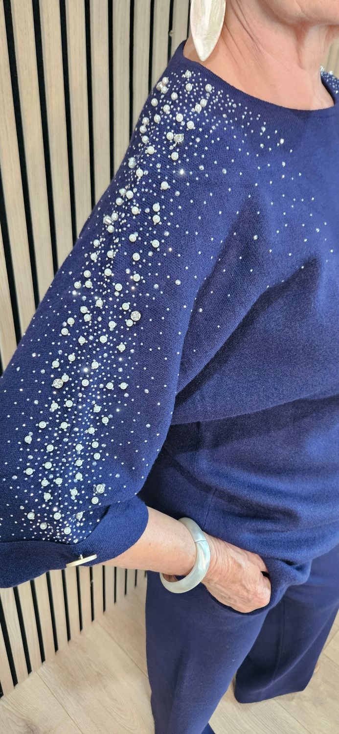 Embellished Knitted Two-Piece Trouser Set - Navy