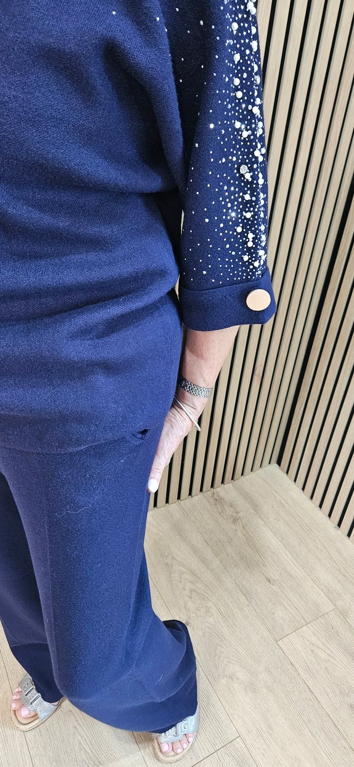 Embellished Knitted Two-Piece Trouser Set - Navy
