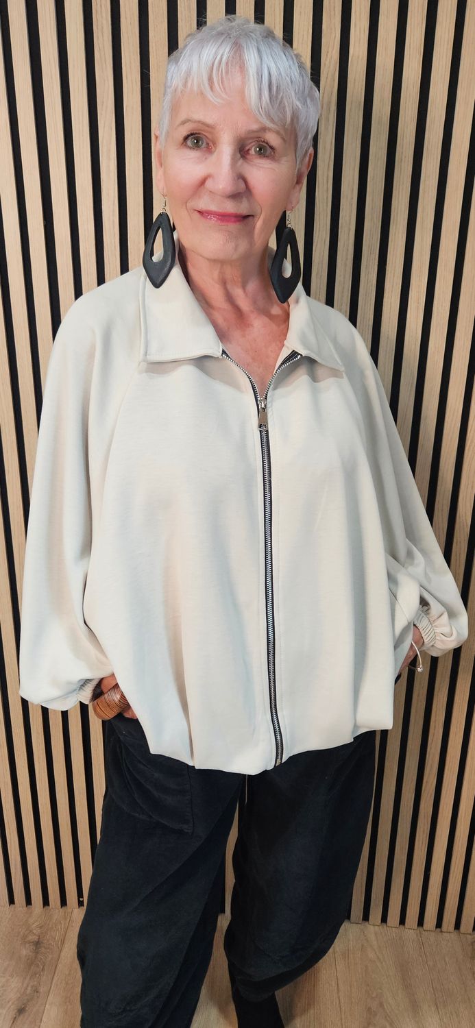 Oversized Batwing Zip Jacket – Stone