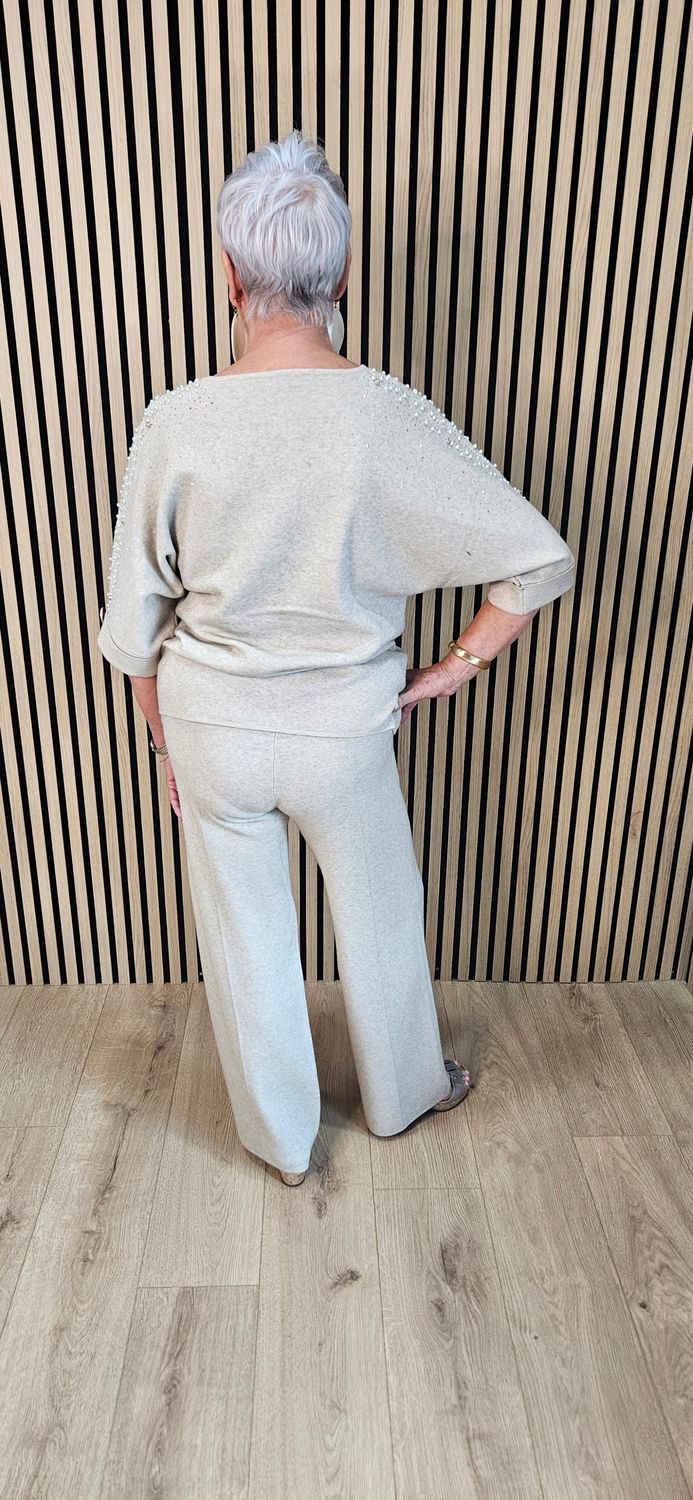 Embellished Knitted Two-Piece Trouser Set – Stone