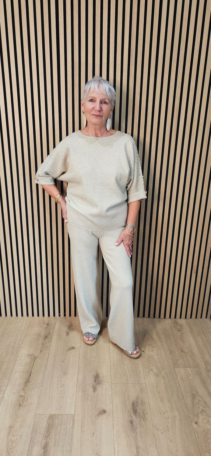 Embellished Knitted Two-Piece Trouser Set – Stone