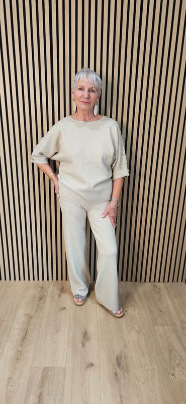 Embellished Knitted Two-Piece Trouser Set – Stone