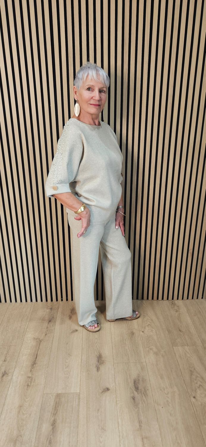 Embellished Knitted Two-Piece Trouser Set – Stone