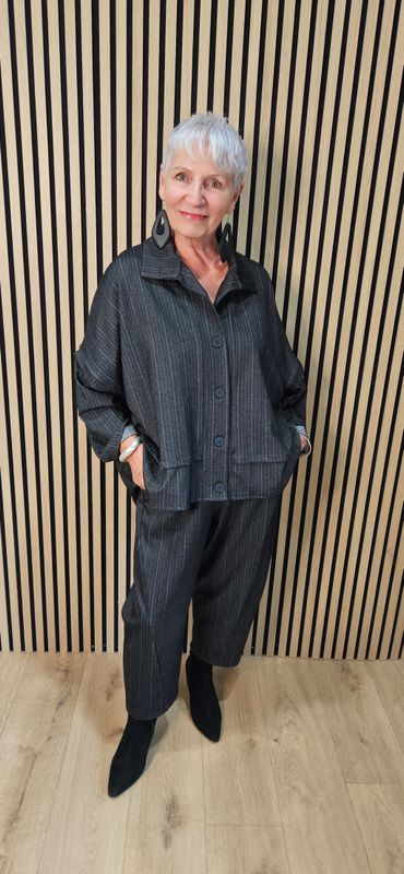 Denim Pinstripe Two-Piece Trouser Suit –  Black/Grey