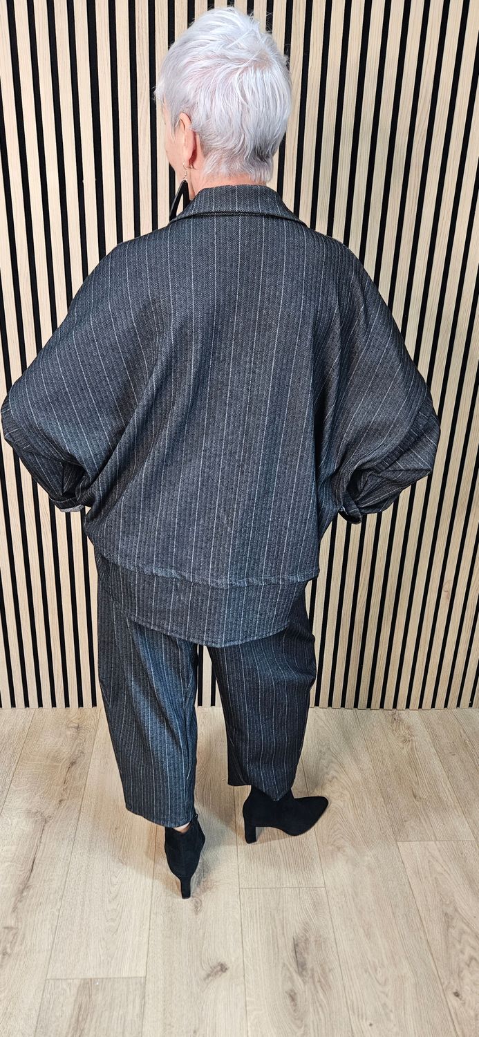 Denim Pinstripe Two-Piece Trouser Suit –  Black/Grey