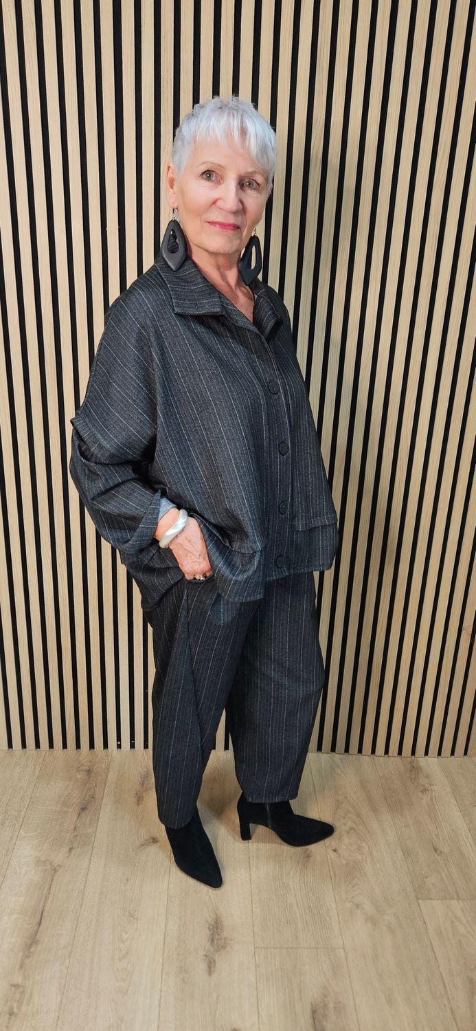 Denim Pinstripe Two-Piece Trouser Suit –  Black/Grey