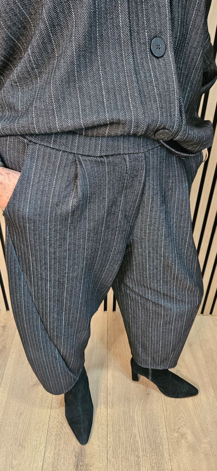 Denim Pinstripe Two-Piece Trouser Suit –  Black/Grey