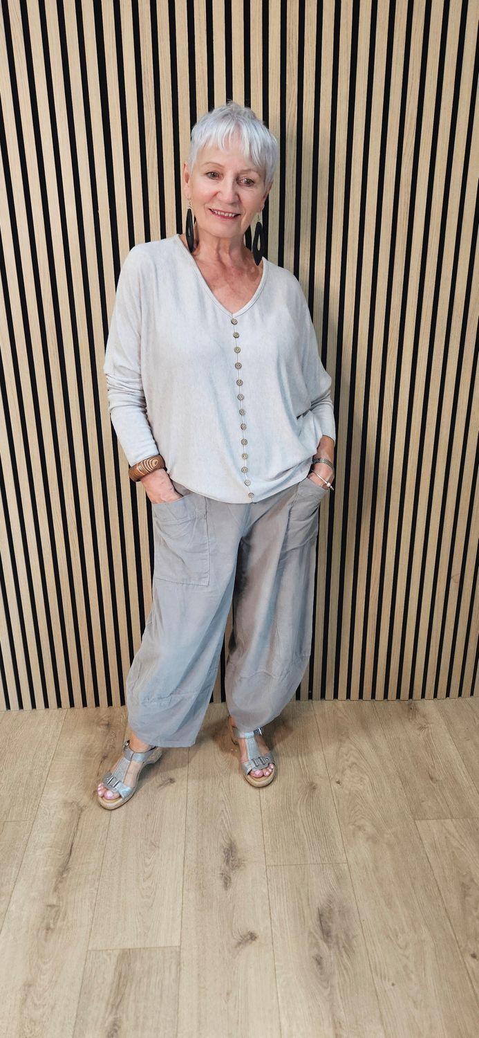 Needle Cord Tulip-Hem Trousers – Taupe