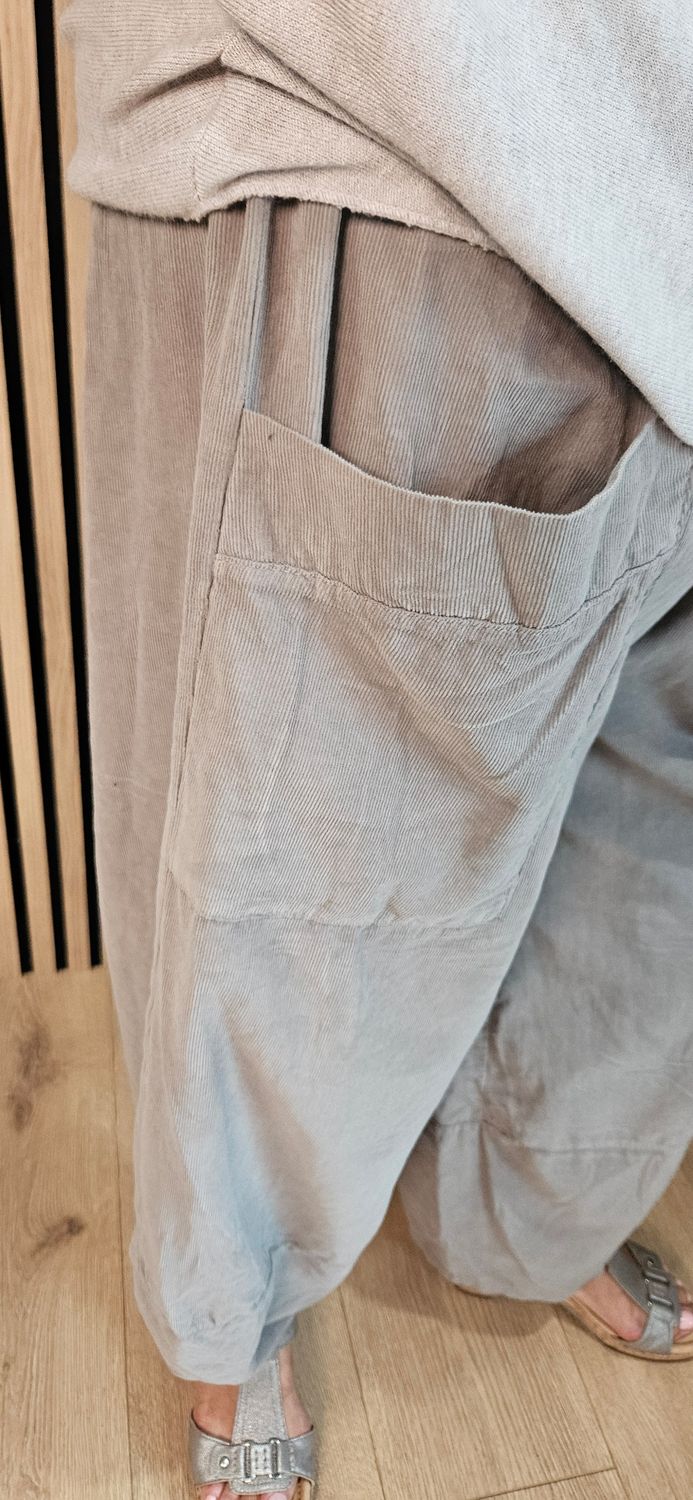 Needle Cord Tulip-Hem Trousers – Taupe