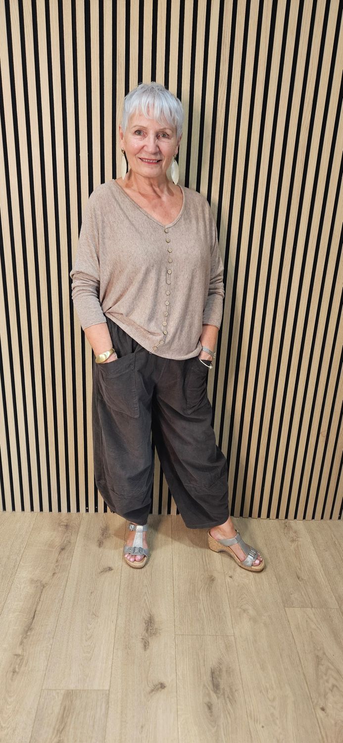 Needle Cord Tulip-Hem Trousers – Chocolate