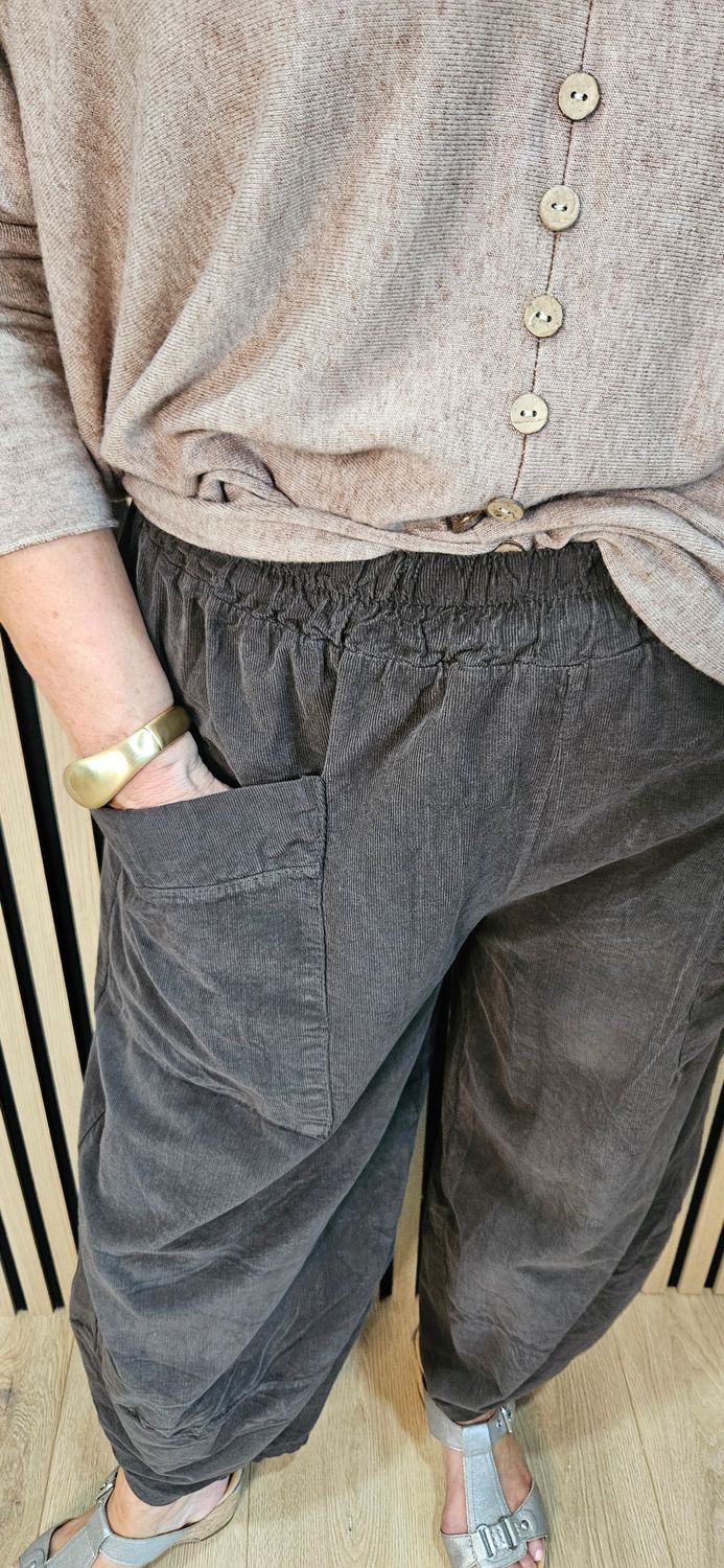 Needle Cord Tulip-Hem Trousers – Chocolate
