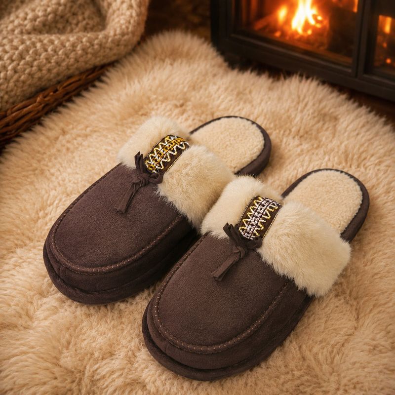 Faux-Fur Trim Mule Slippers – Chocolate