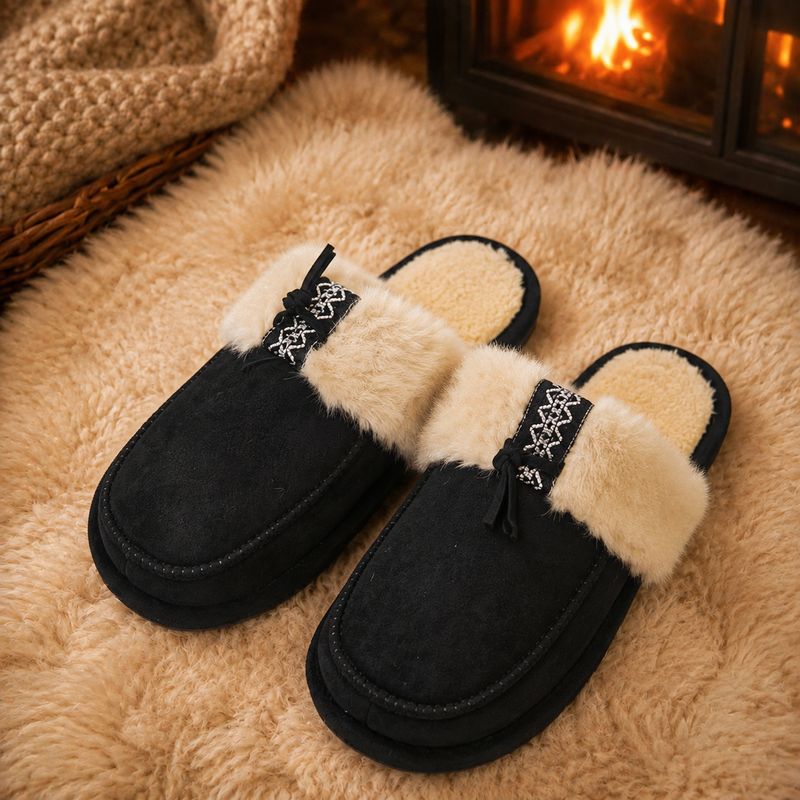 Faux-Fur Trim Mule Slippers – Black