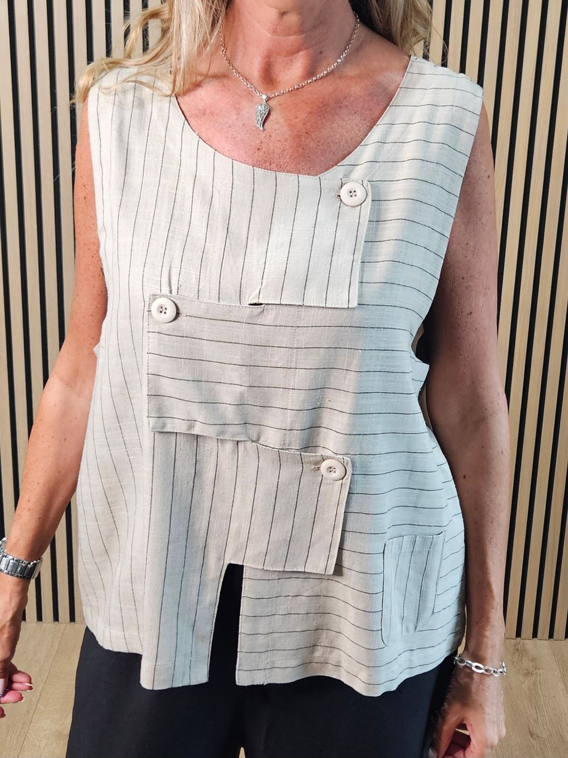 Patchwork Stripe Linen-Blend Top – Stone