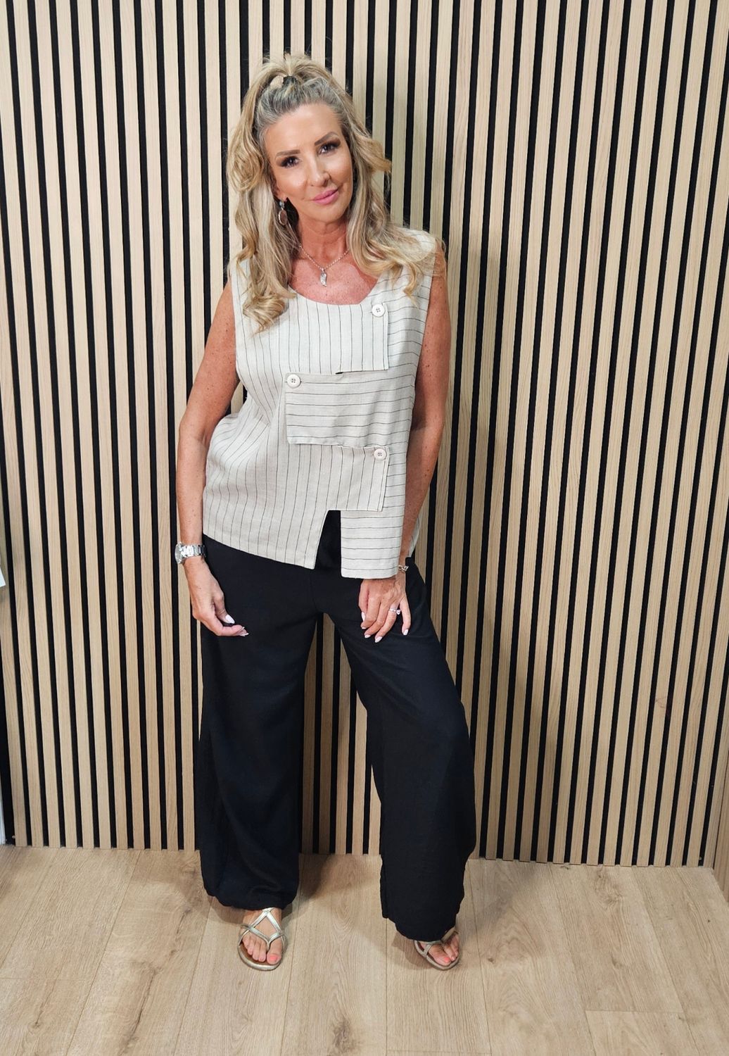 Patchwork Stripe Linen-Blend Top – Stone