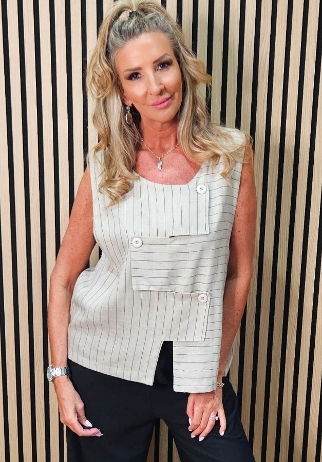 Patchwork Stripe Linen-Blend Top – Stone