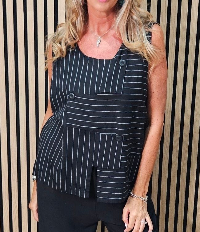 Patchwork Stripe Linen-Blend Top – Black