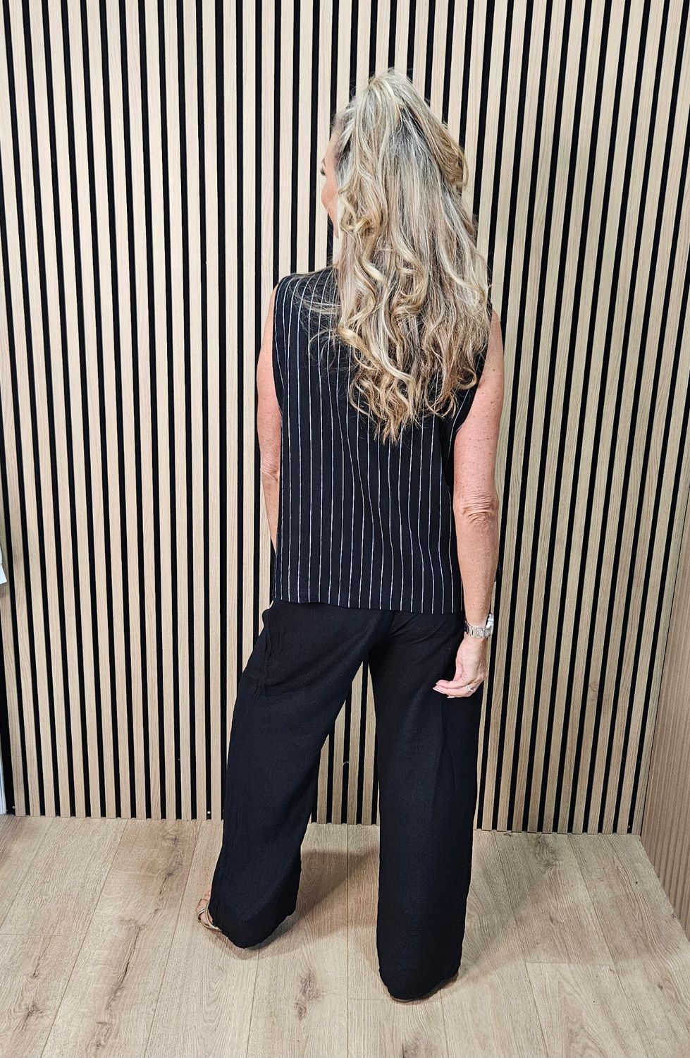 Patchwork Stripe Linen-Blend Top – Black
