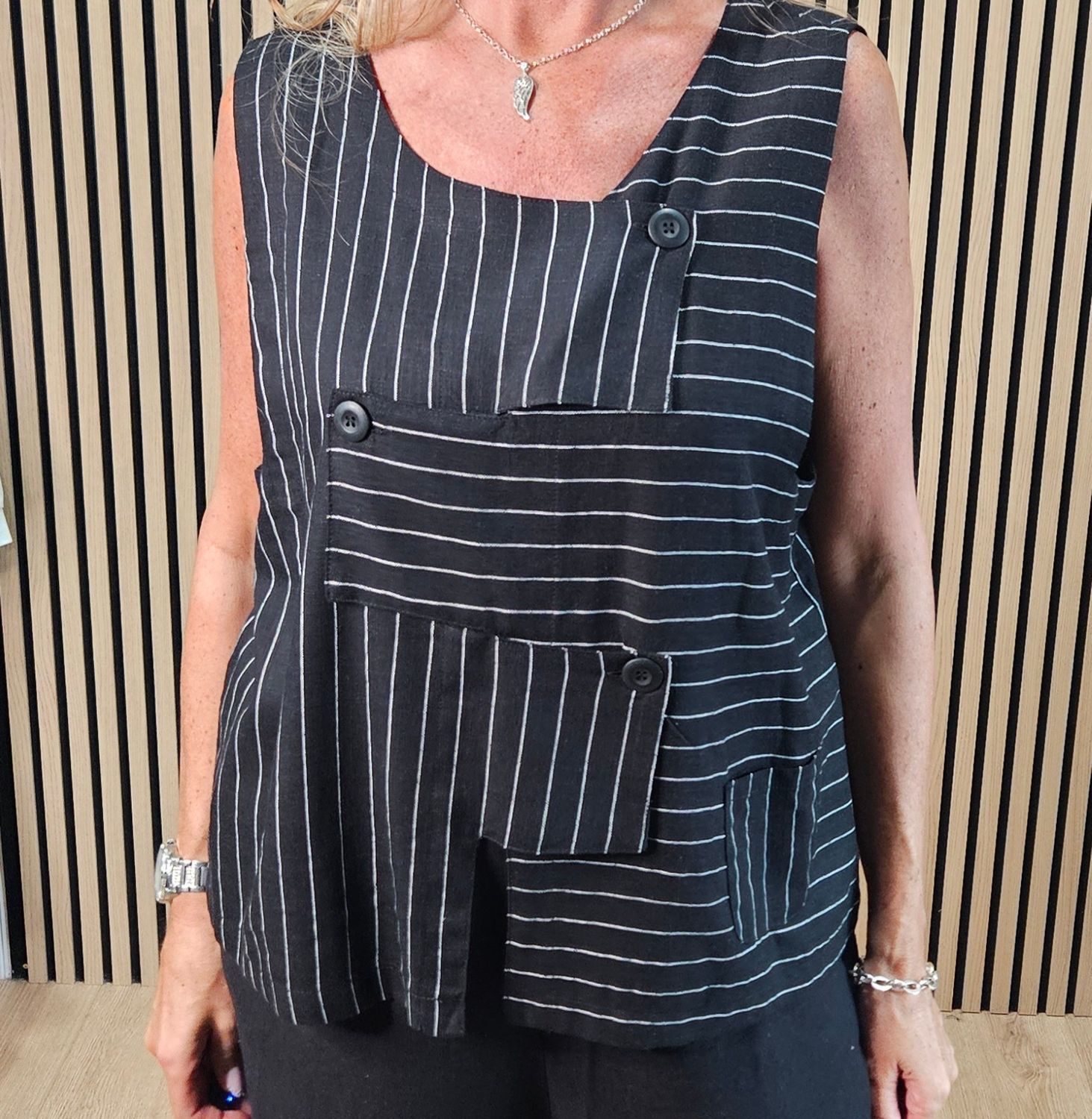 Patchwork Stripe Linen-Blend Top – Black