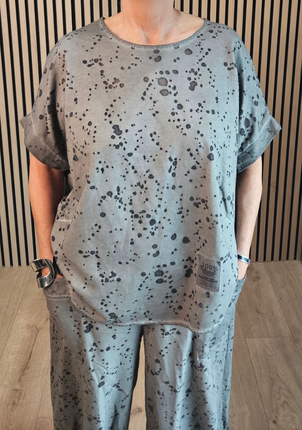 Abstract Print Two-Piece Trouser Suit - Taupe