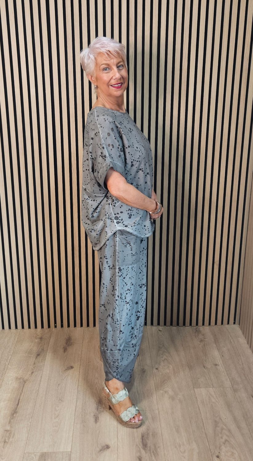 Abstract Print Two-Piece Trouser Suit - Taupe