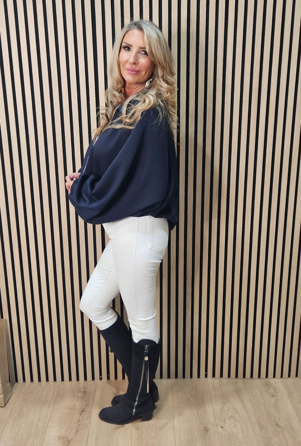 Oversized Batwing Zip Jacket - Navy