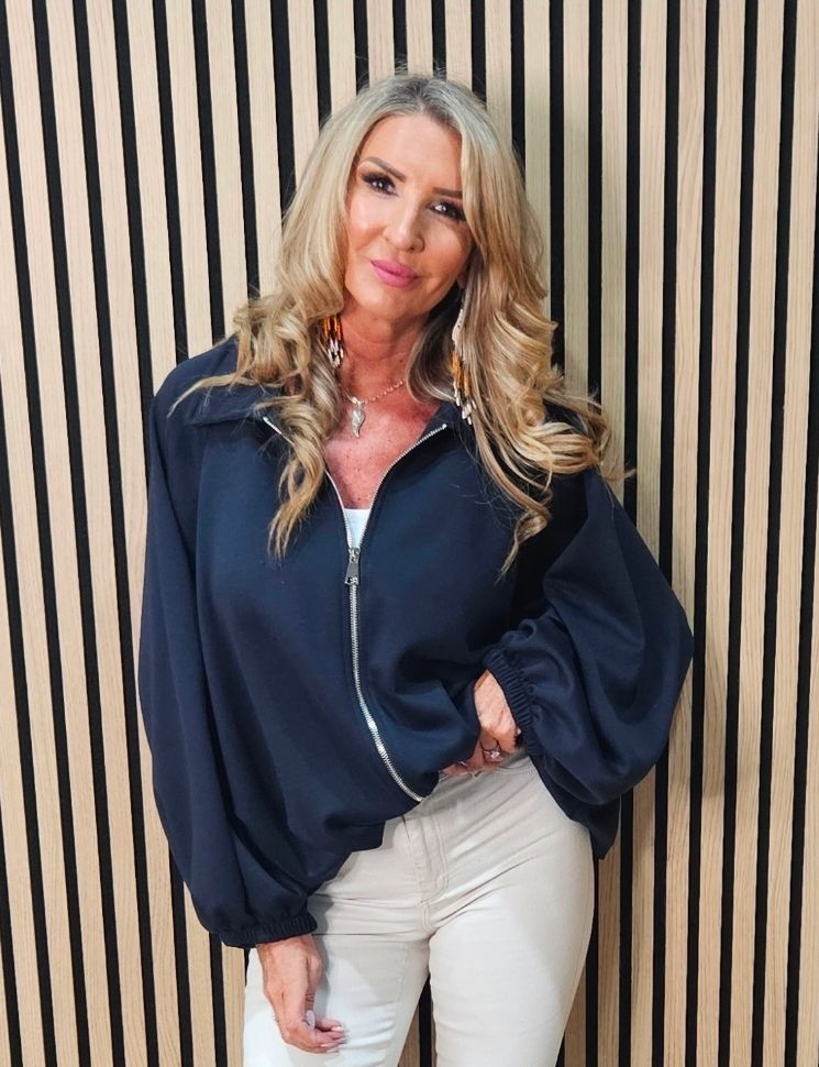 Oversized Batwing Zip Jacket - Navy