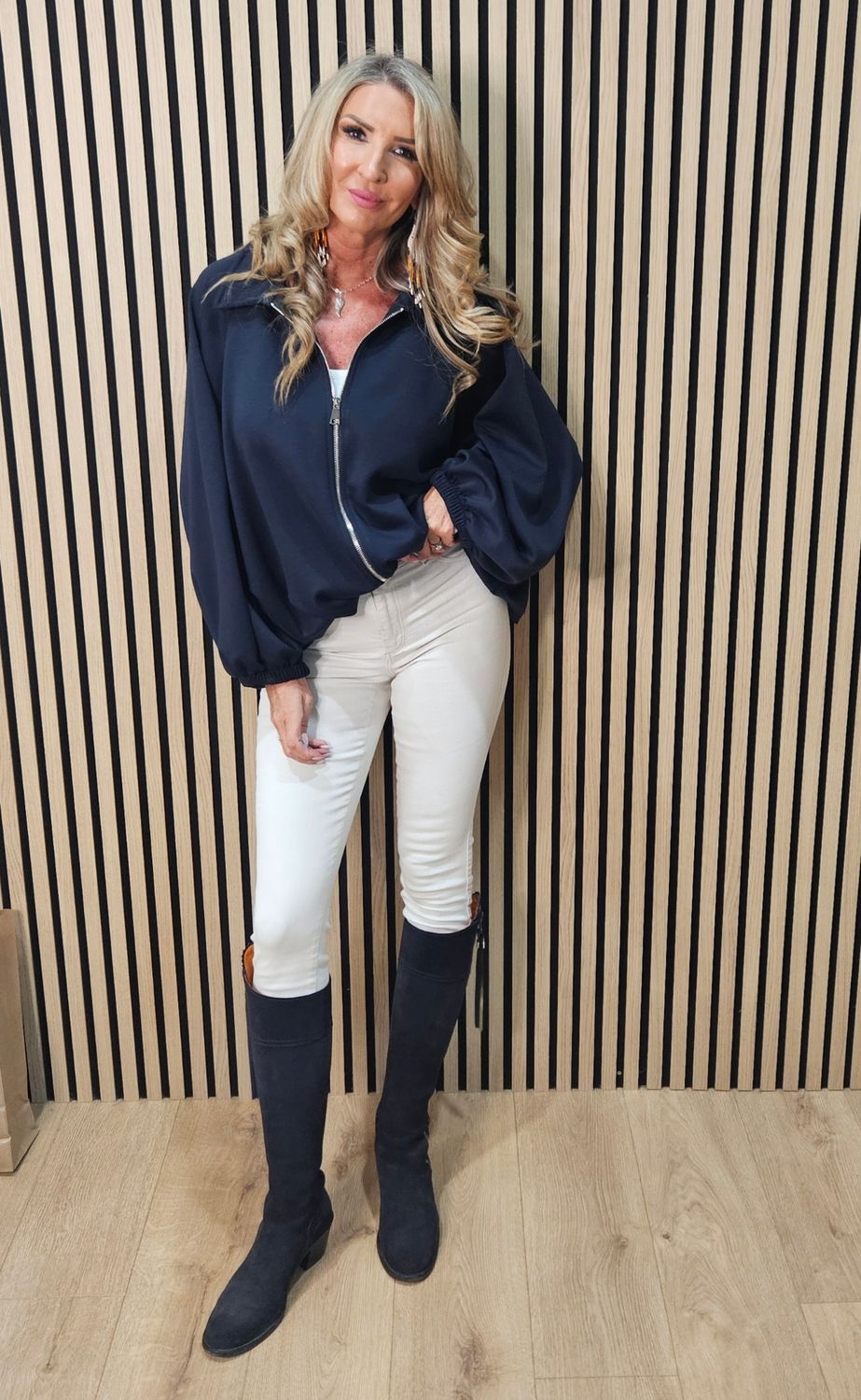 Oversized Batwing Zip Jacket - Navy
