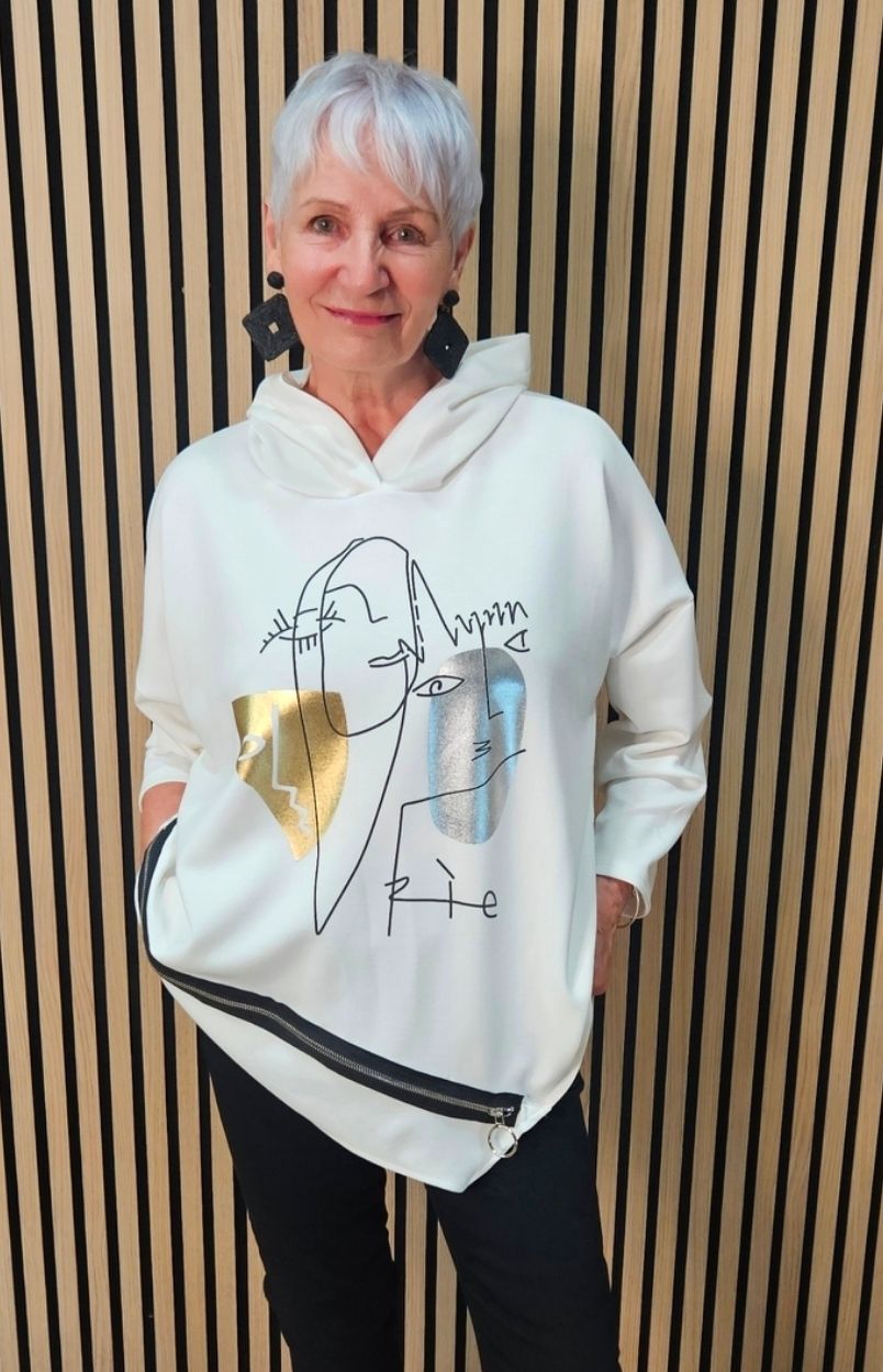 Abstract Face Zip-Detail Hooded Sweatshirt