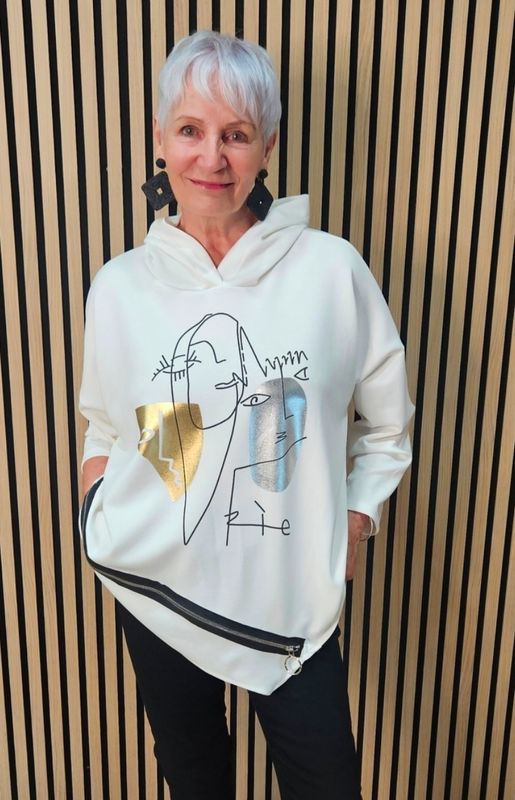 Abstract Face Zip-Detail Hooded Sweatshirt