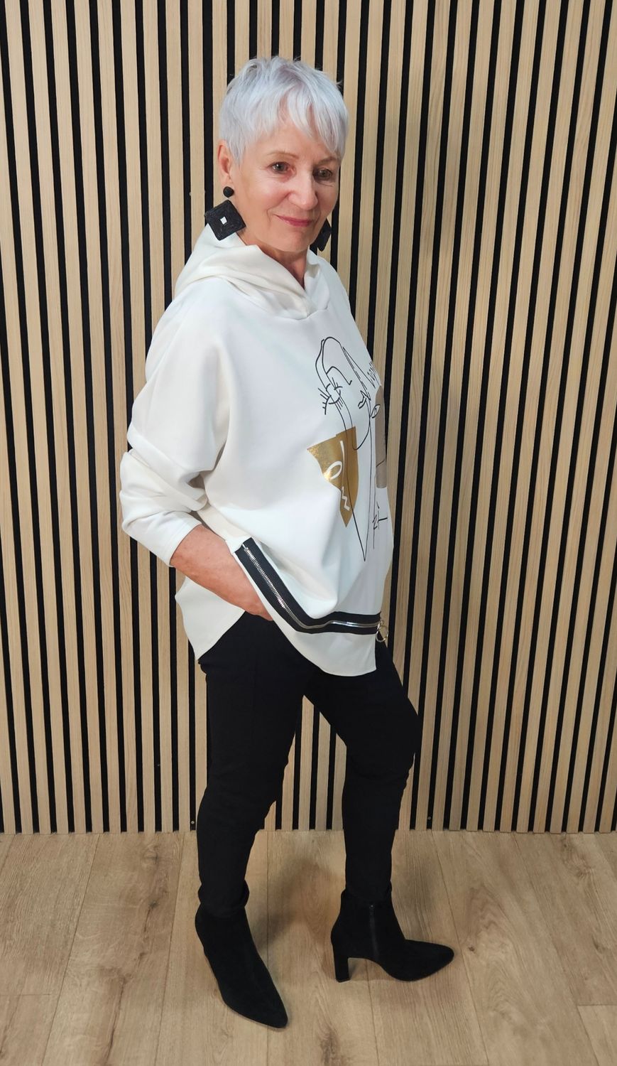 Abstract Face Zip-Detail Hooded Sweatshirt