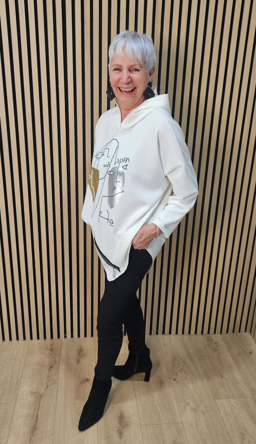 Abstract Face Zip-Detail Hooded Sweatshirt