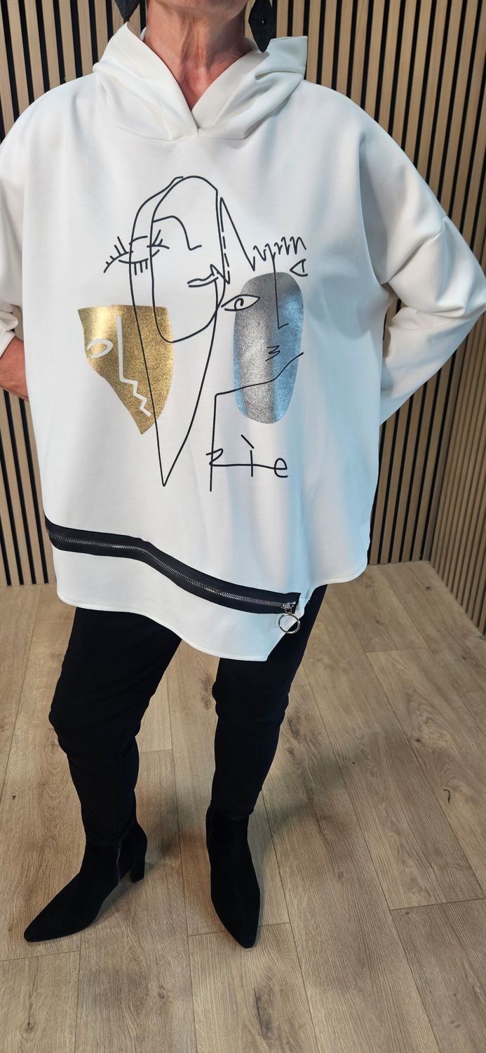 Abstract Face Zip-Detail Hooded Sweatshirt