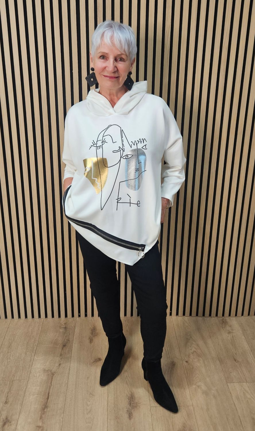 Abstract Face Zip-Detail Hooded Sweatshirt